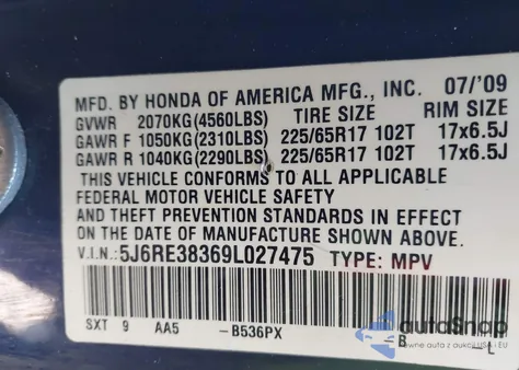2009 Honda Cr-V Lx z USA, uszkodzony, nr VIN 5J6RE38369L027475